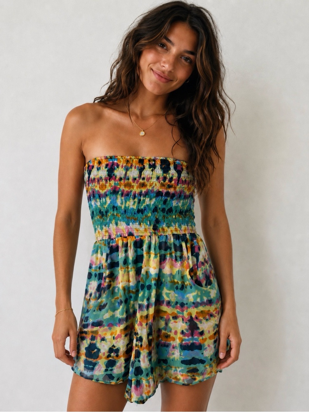 Band of Gypsies Multicoloured Smocked Strapless Romper
